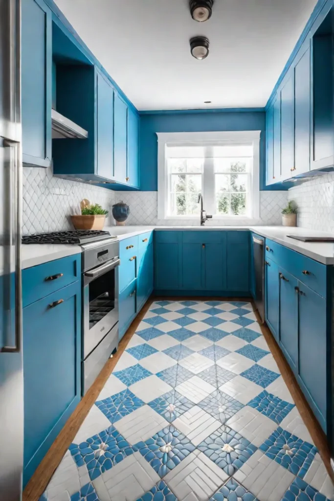 Diagonal white tile flooring in a galley kitchen