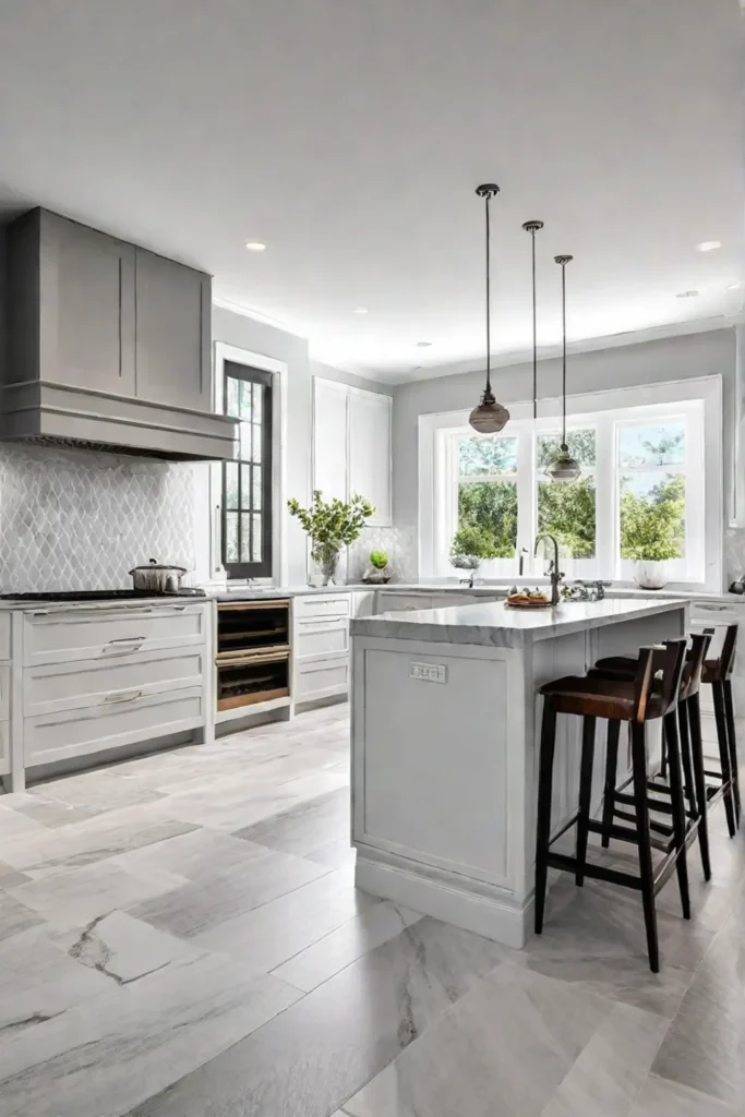 Elegant kitchen with durable natural stone tile flooring