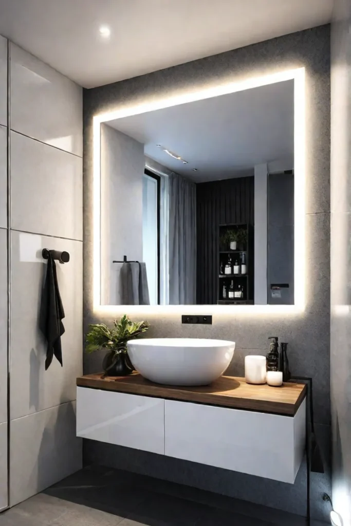 Functional small bathroom with storage mirror