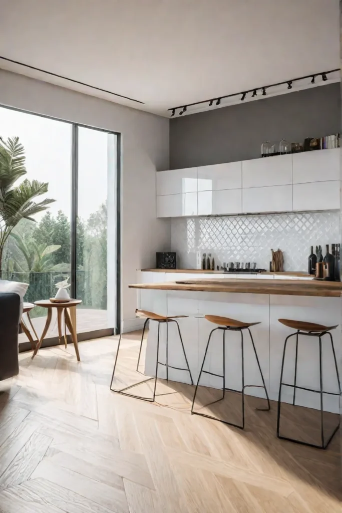 Glossy white tiles reflecting light in a small kitchen