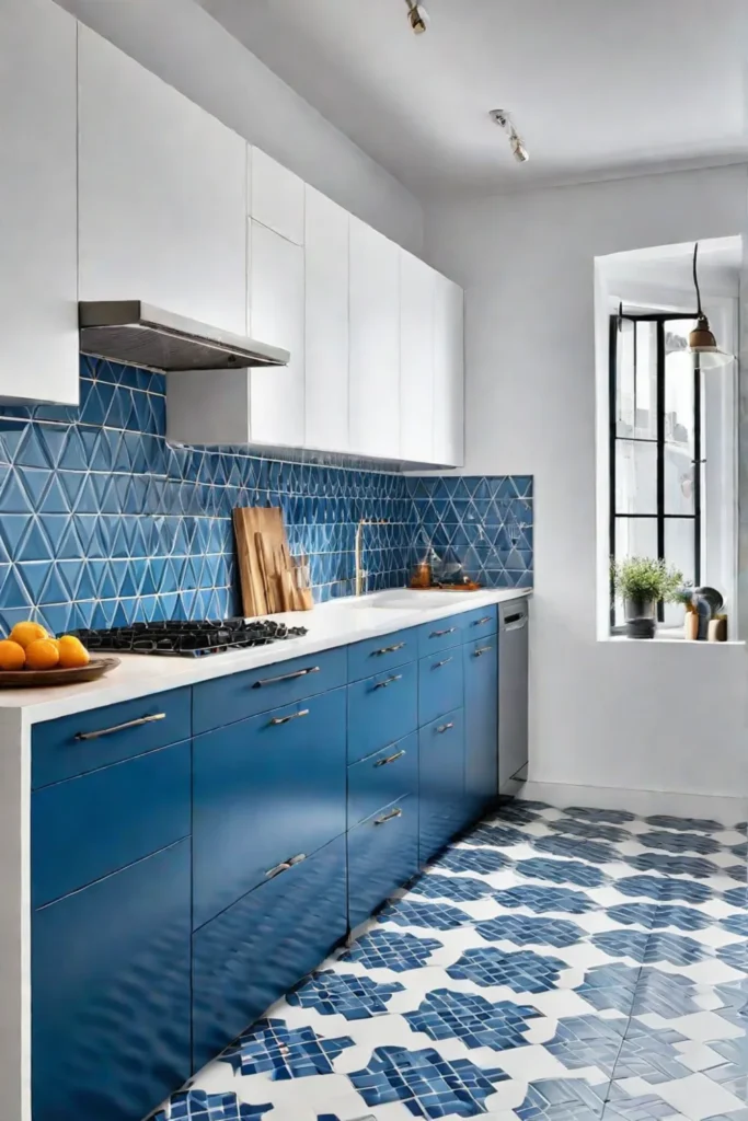 Gradient blue and white tile backsplash