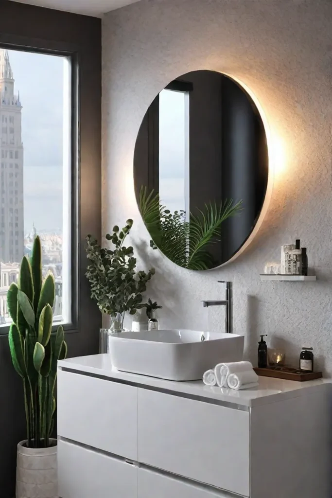 Inviting small bathroom with welllit mirror