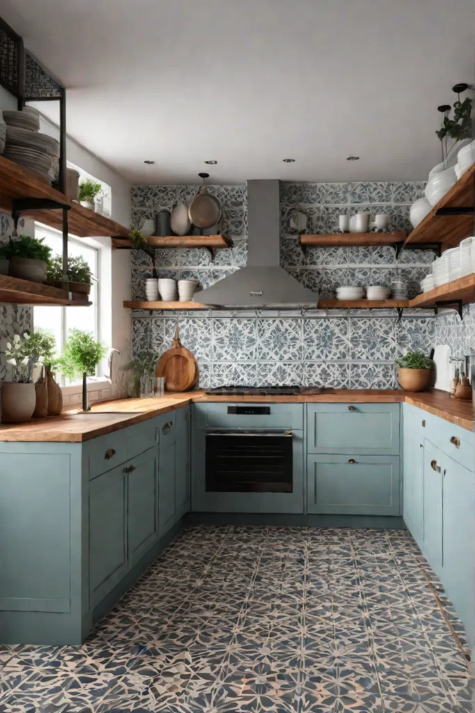 Kitchen with patterned tile floor