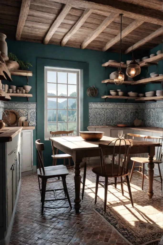 Kitchen with reclaimed tile flooring farmhouse style