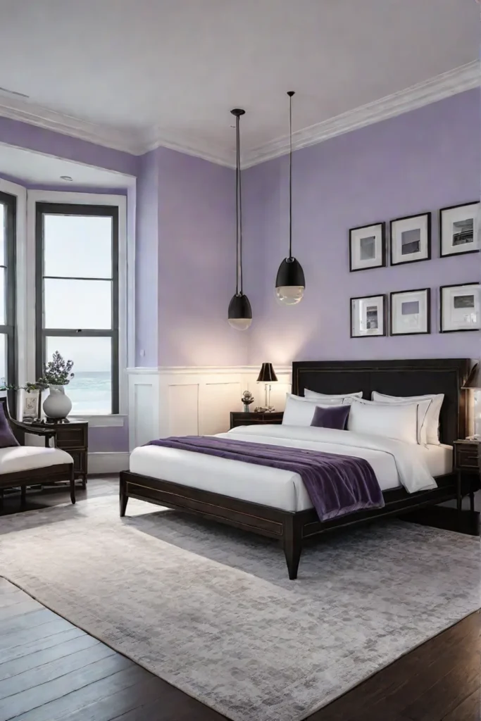 Lavender bedroom with white and wood accents