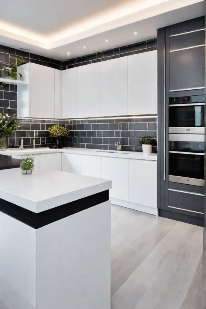 Light gray tile flooring in a small kitchen