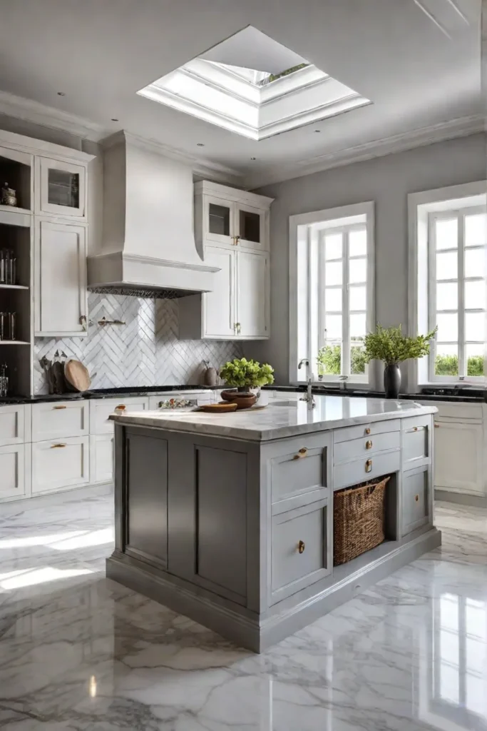 Luxurious kitchen with marblelook tile floor