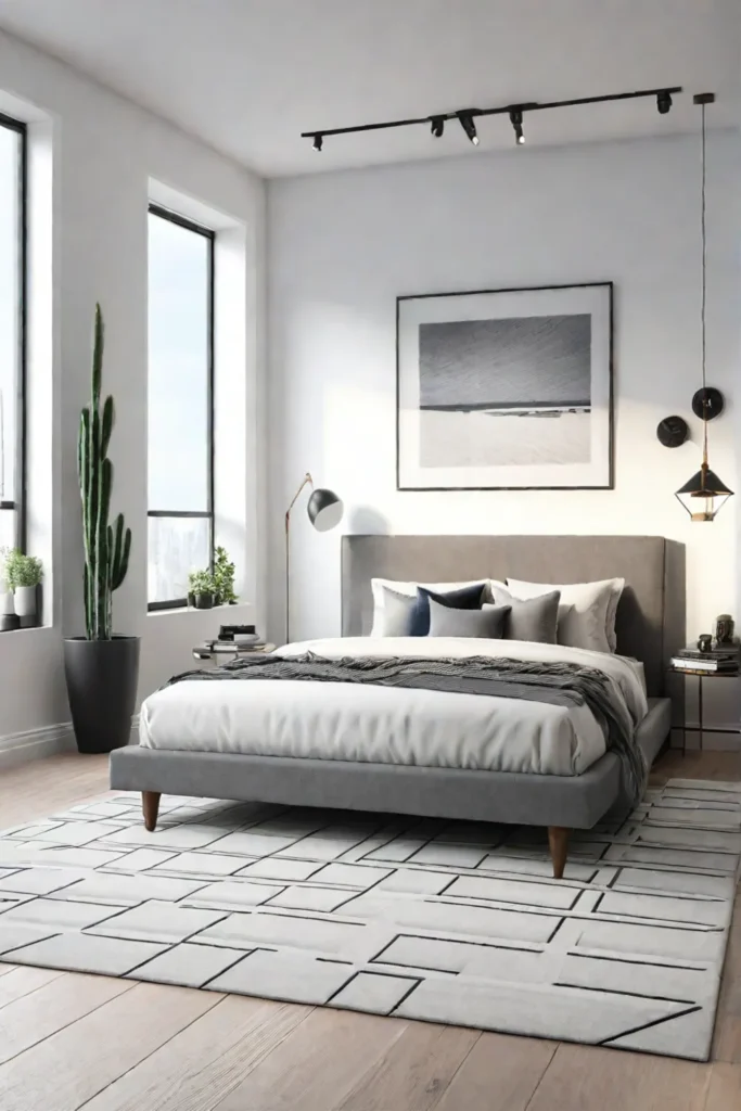 Minimalist bedroom with geometric rug