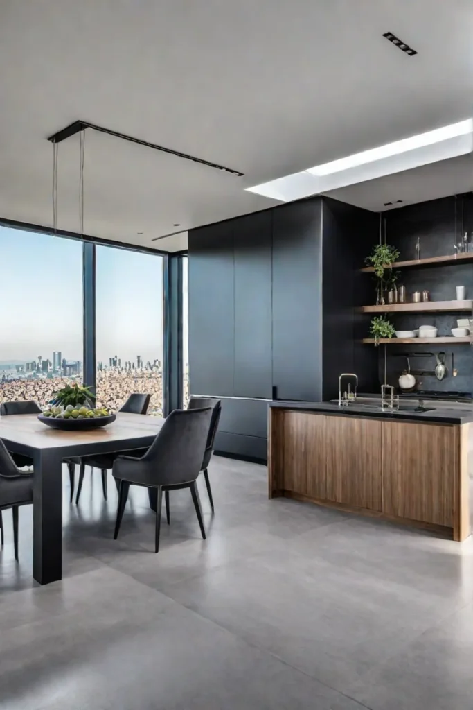 Minimalist kitchen with porcelain tile flooring and city views