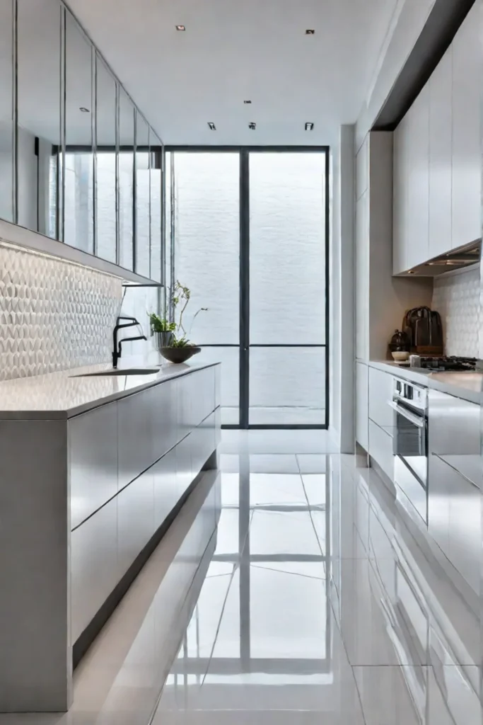 Mirrored backsplash amplifying light in a small kitchen