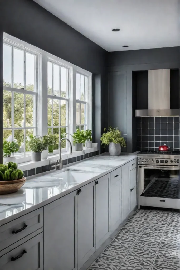 Modern farmhouse kitchen with durable porcelain tile flooring