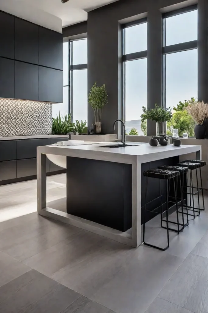 Modern kitchen with lightcolored porcelain tile flooring