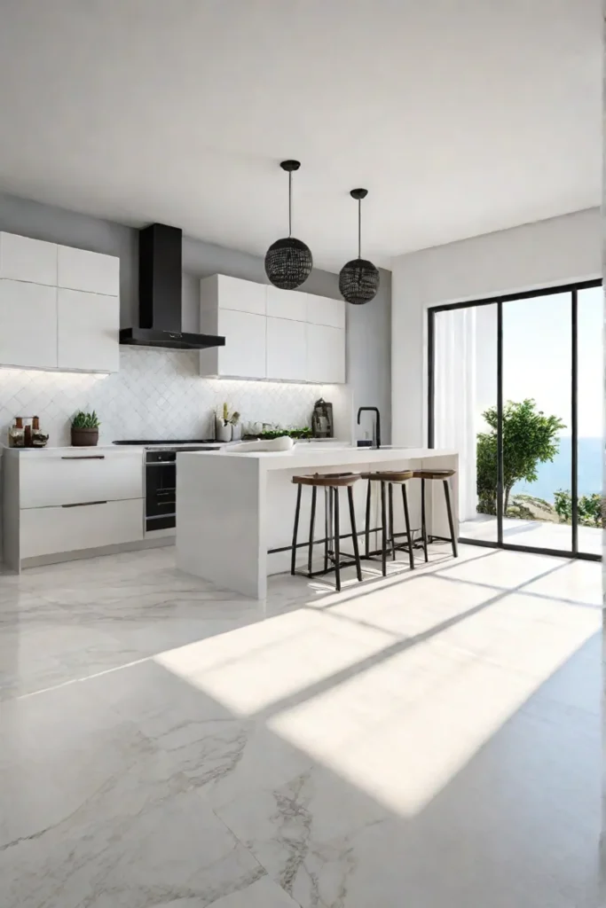 Modern kitchen with porcelain tile flooring resembling natural stone