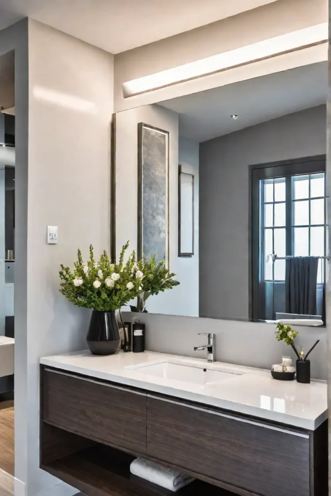 Modern small bathroom with statement mirror