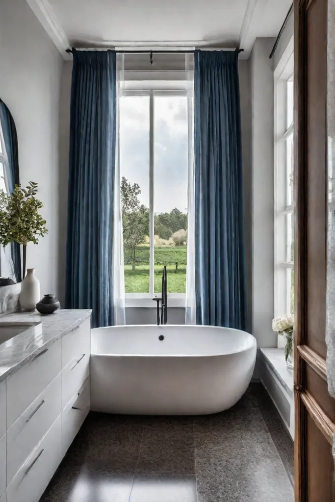 Natural light in a small bathroom with window treatments