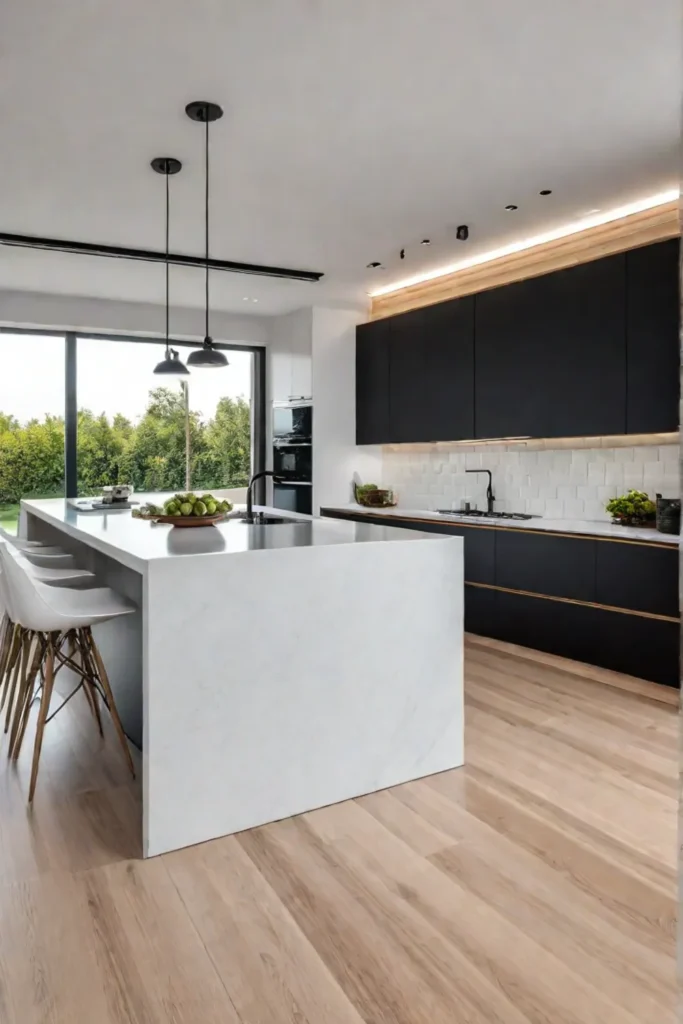 Openplan kitchen and living room with continuous flooring