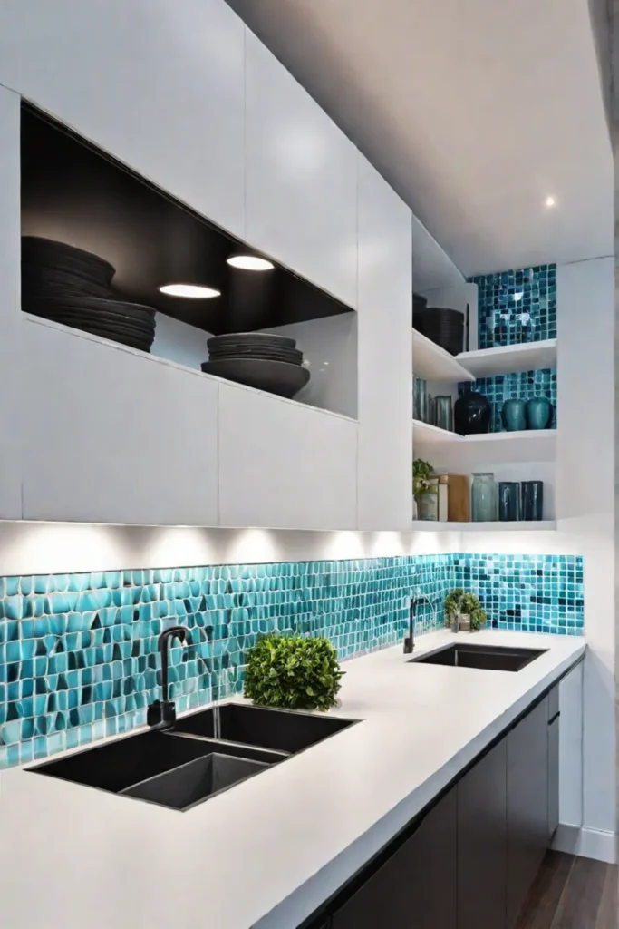 Reflective tile mosaic backsplash in a galley kitchen