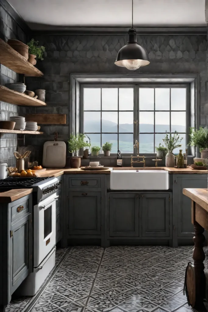 Rustic kitchen aged tile floor