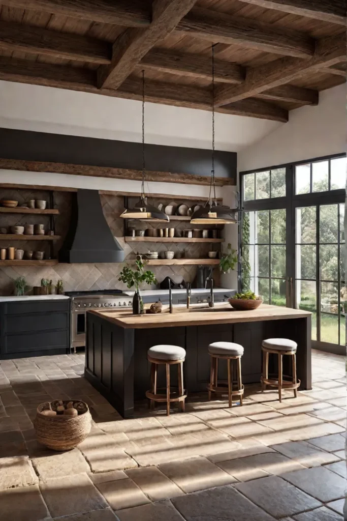 Rustic kitchen wood beams stone floor