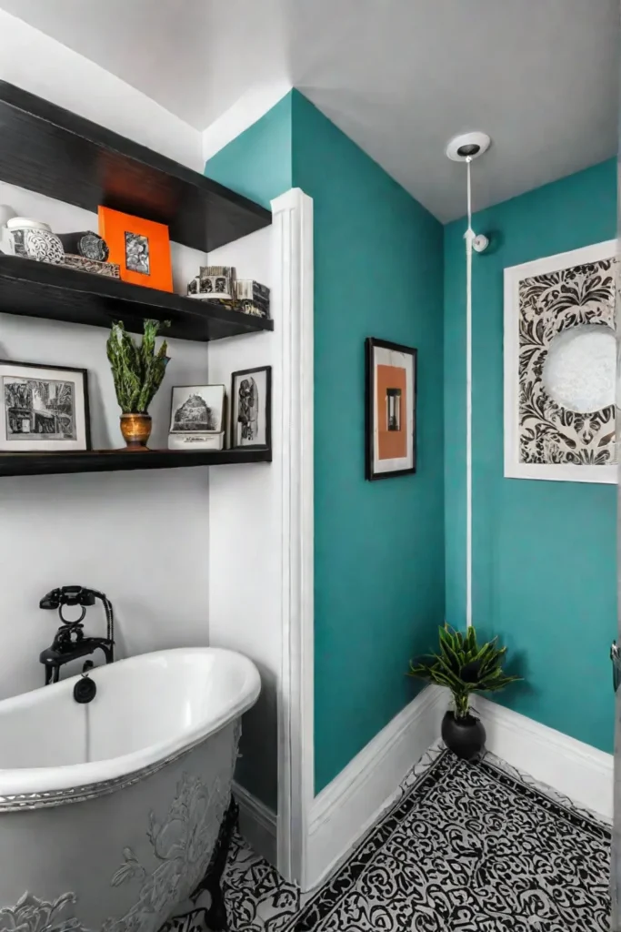 Small bathroom eclectic design colorful accessories