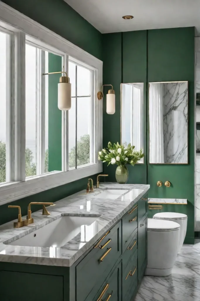 Small bathroom green walls white marble