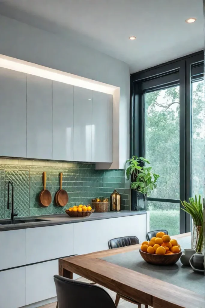 Soft green tiles in a lightfilled kitchen