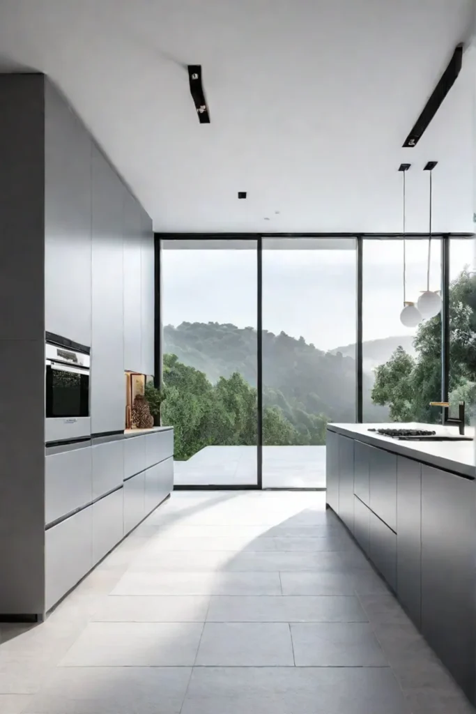 Spacious kitchen with light gray floor