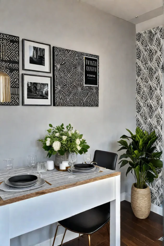 Stylish dining area with removable wallpaper and personalized touches