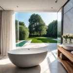 A luxurious sundrenched bathroom with a freestanding bathtub overlooking a tranquil gardenfeat