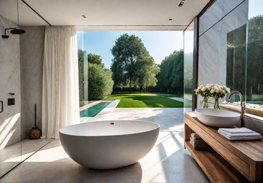 A luxurious sundrenched bathroom with a freestanding bathtub overlooking a tranquil gardenfeat