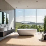 A modern bathroom with a freestanding bathtub large windows with a viewfeat