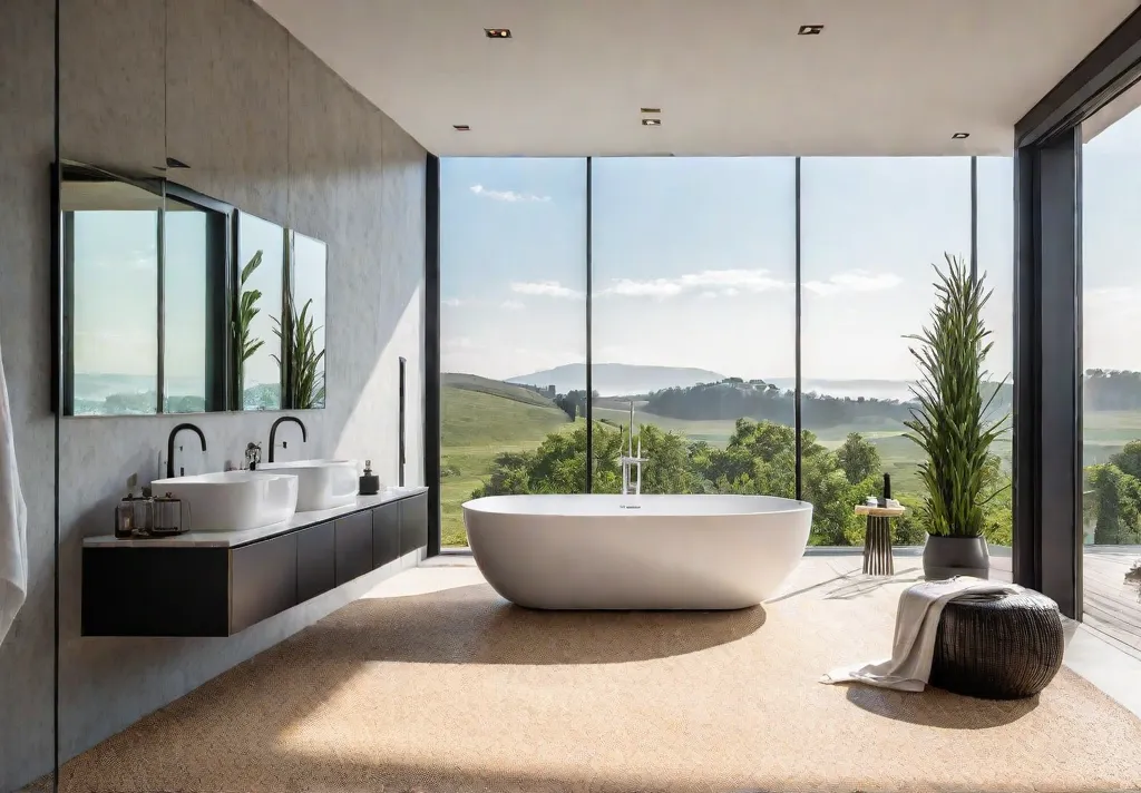 A modern bathroom with a freestanding bathtub large windows with a viewfeat