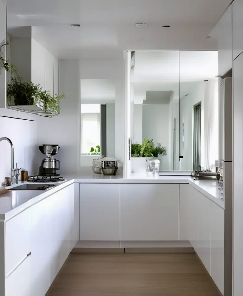 A small kitchen with white walls and cabinets. The space feels larger thanks to the strategic placem