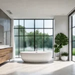 A sundrenched bathroom with large windows showcasing a lush green garden featuringfeat