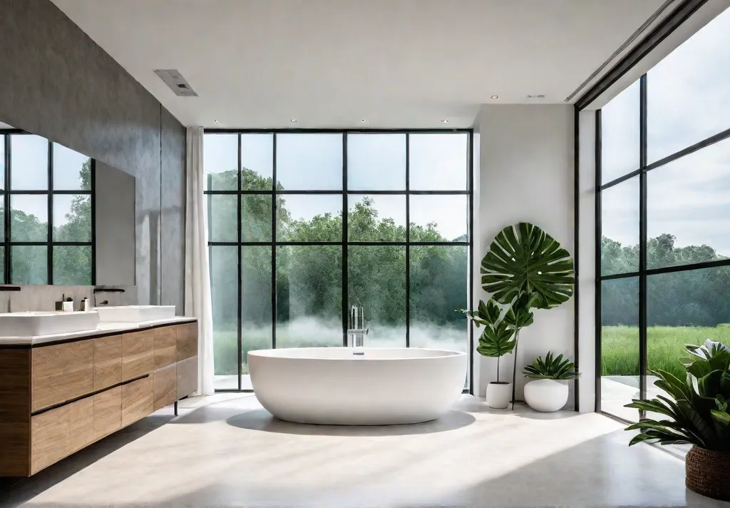 A sundrenched bathroom with large windows showcasing a lush green garden featuringfeat