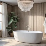 A sundrenched farmhouse bathroom with whitewashed wood panel walls a freestanding bathtubfeat