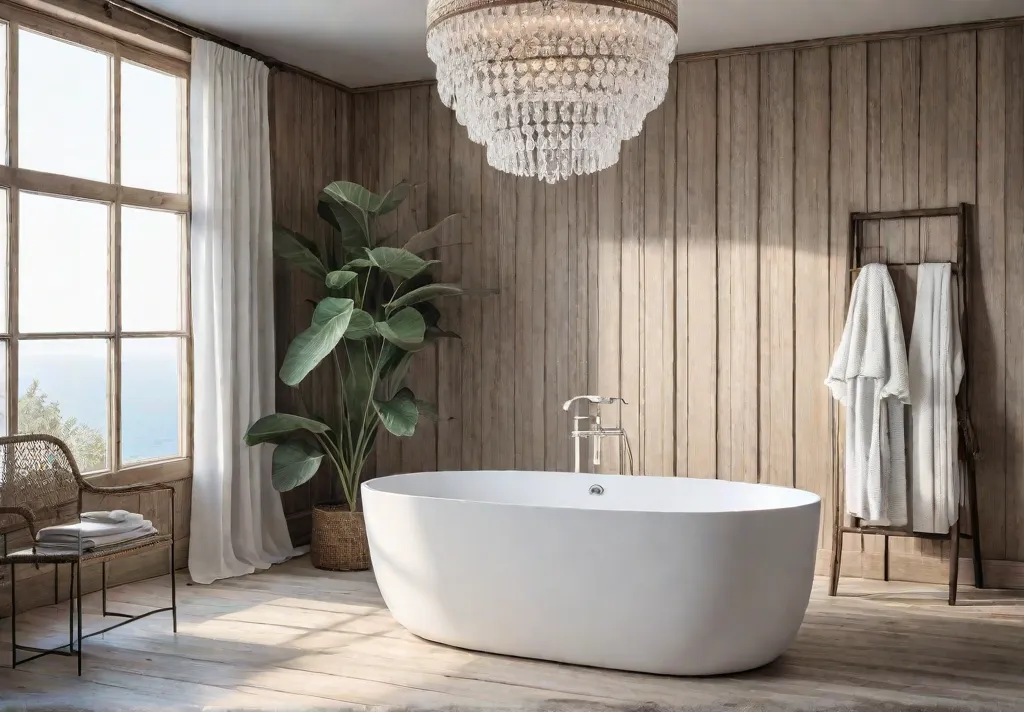 A sundrenched farmhouse bathroom with whitewashed wood panel walls a freestanding bathtubfeat