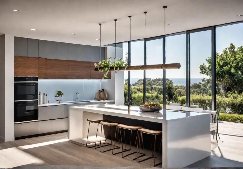 A sundrenched modern kitchen with floortoceiling windows showcasing a lush garden Thefeat