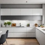 A sundrenched modern small kitchen with sleek white countertops and minimalist cabinetryfeat