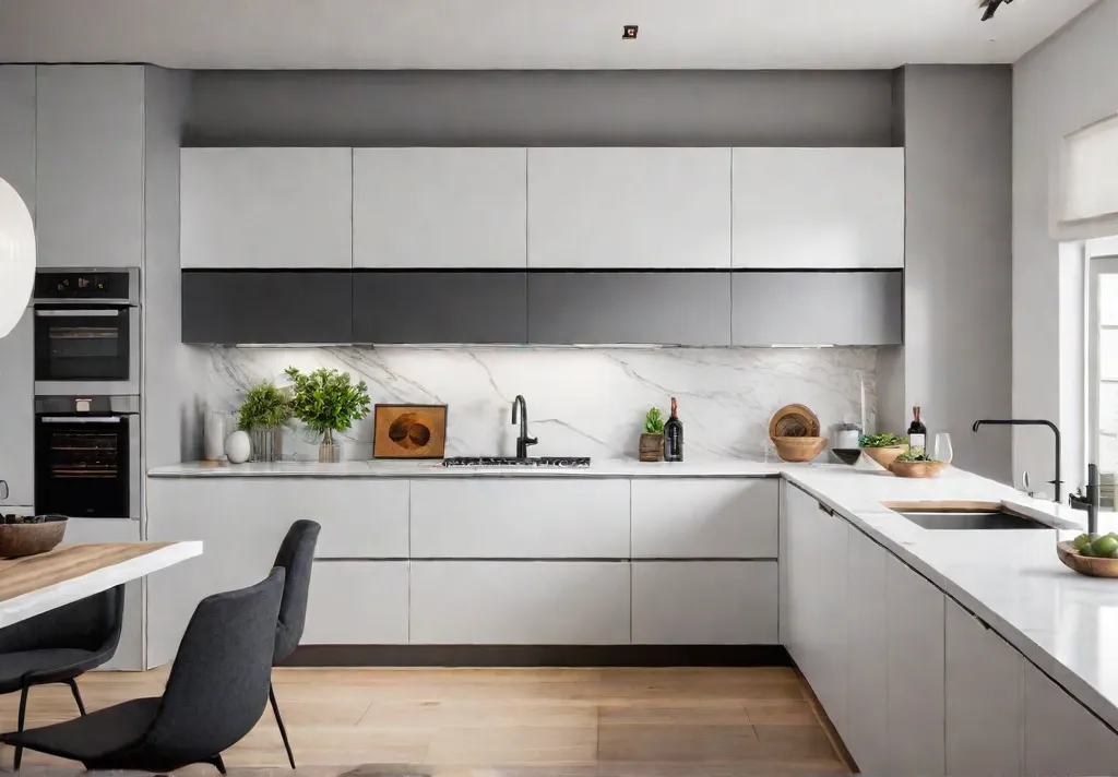 A sundrenched modern small kitchen with sleek white countertops and minimalist cabinetryfeat