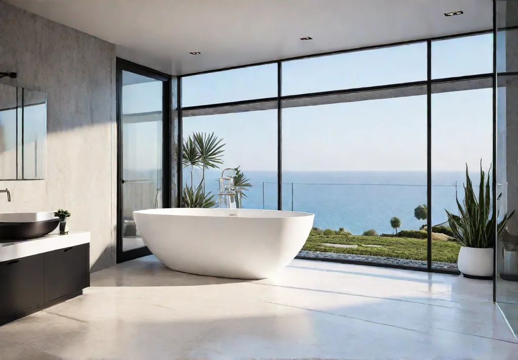 A sundrenched small bathroom with lightcolored flooring a freestanding tub and minimalistfeat