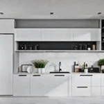 A sundrenched small kitchen with minimalist design clean lines clutterfree surfaces andfeat