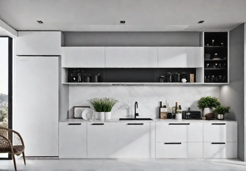 A sundrenched small kitchen with minimalist design clean lines clutterfree surfaces andfeat