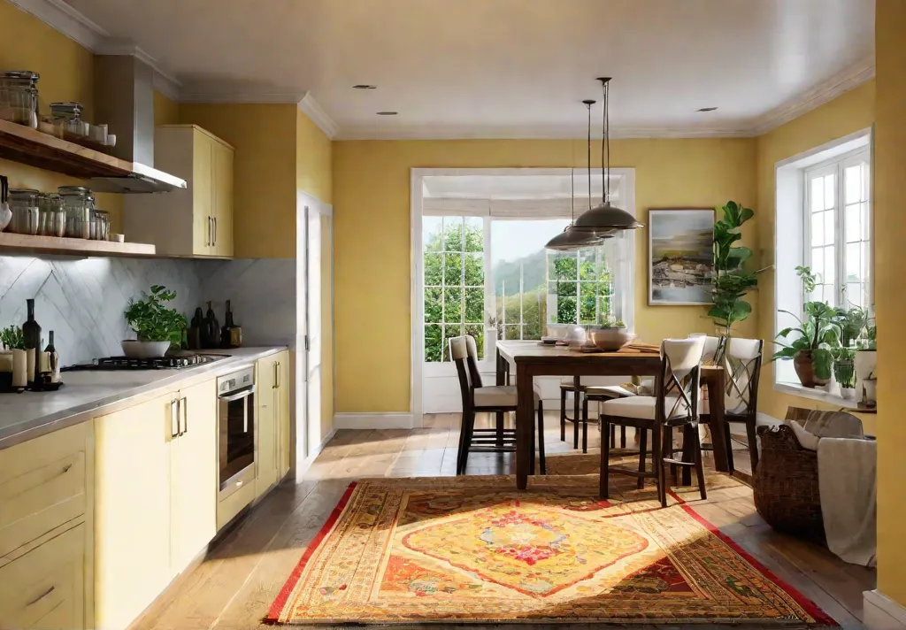 A sunny kitchen with butter yellow walls filled with open shelving displayingfeat