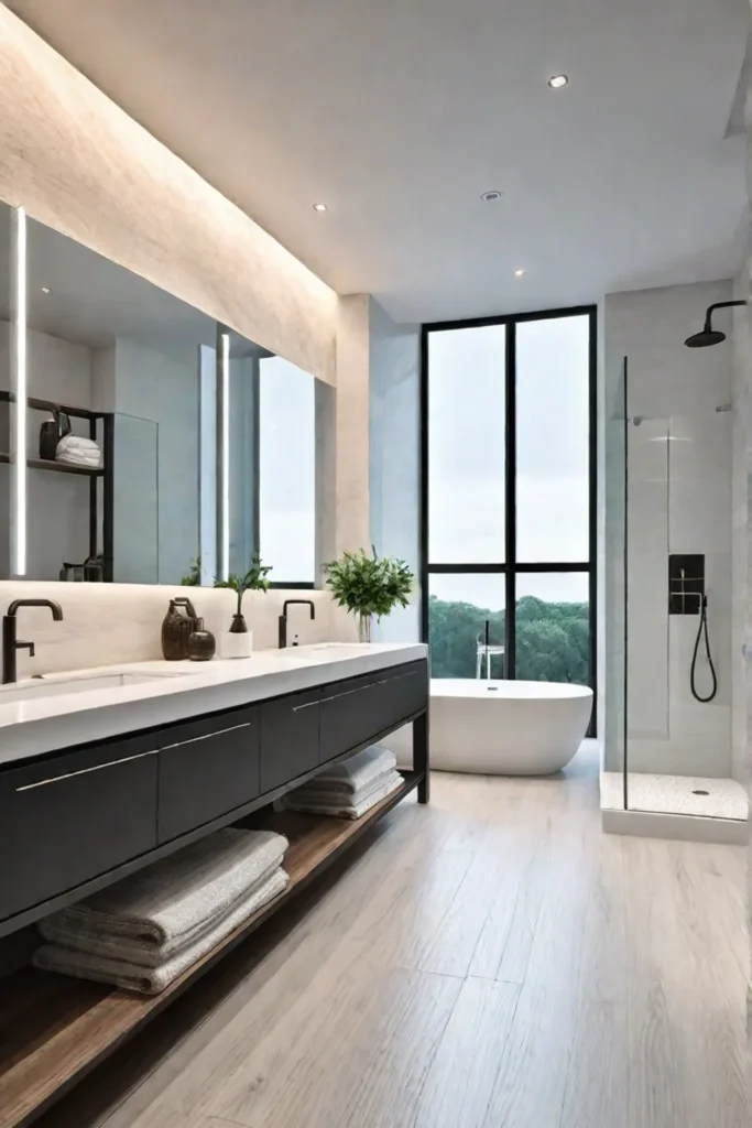 Airy bathroom with woodlook tile and ample storage