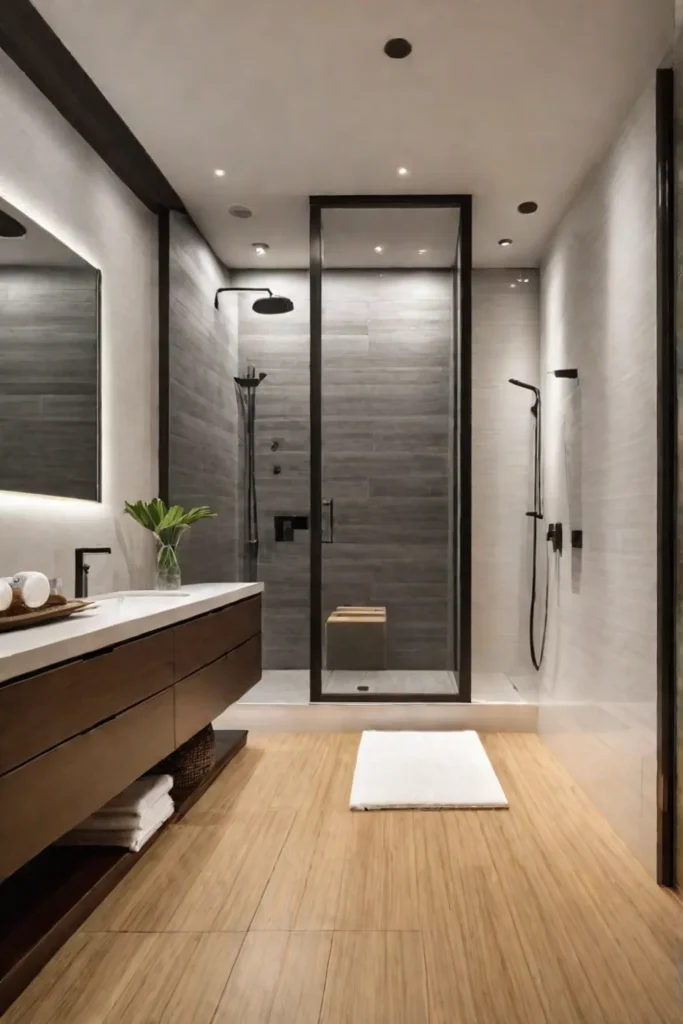 Bathroom with bamboo floors and shower