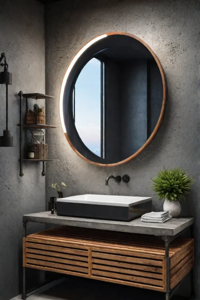 Bathroom with distressed finishes and concrete details