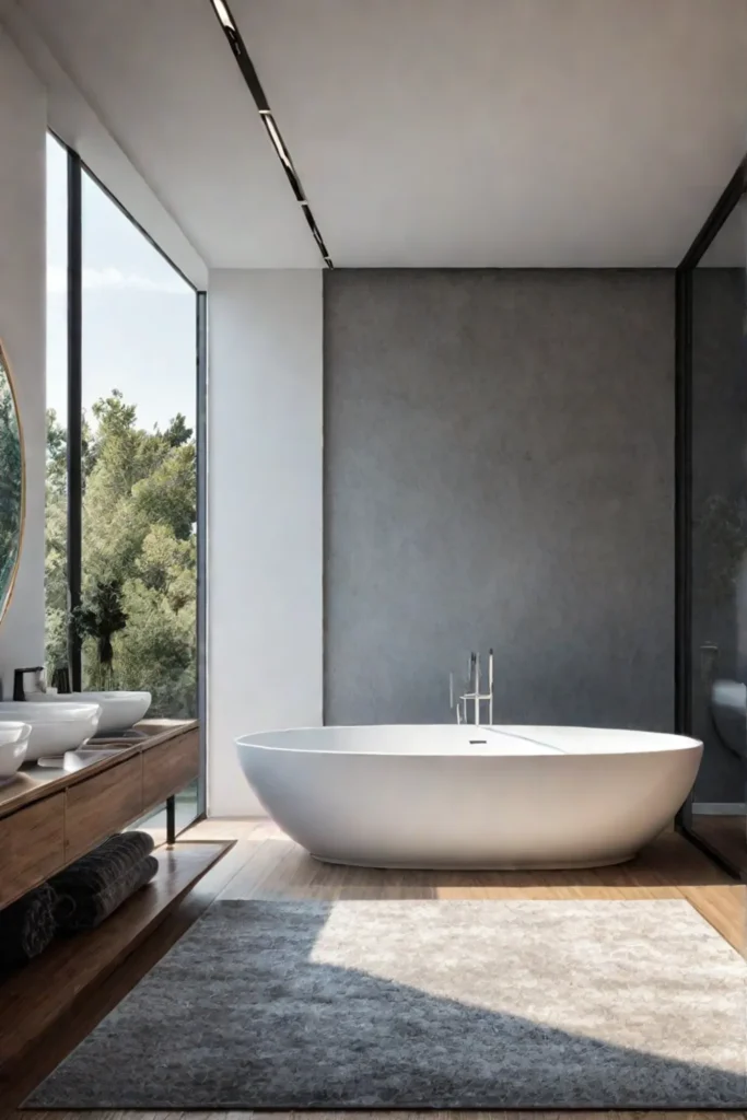 Bathroom with natural fiber rug soaking tub and scenic views