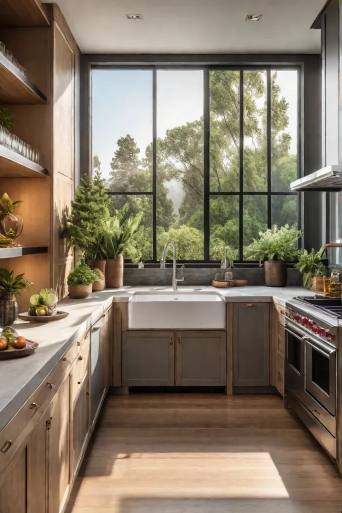 Biophilic kitchen design natural wood garden views