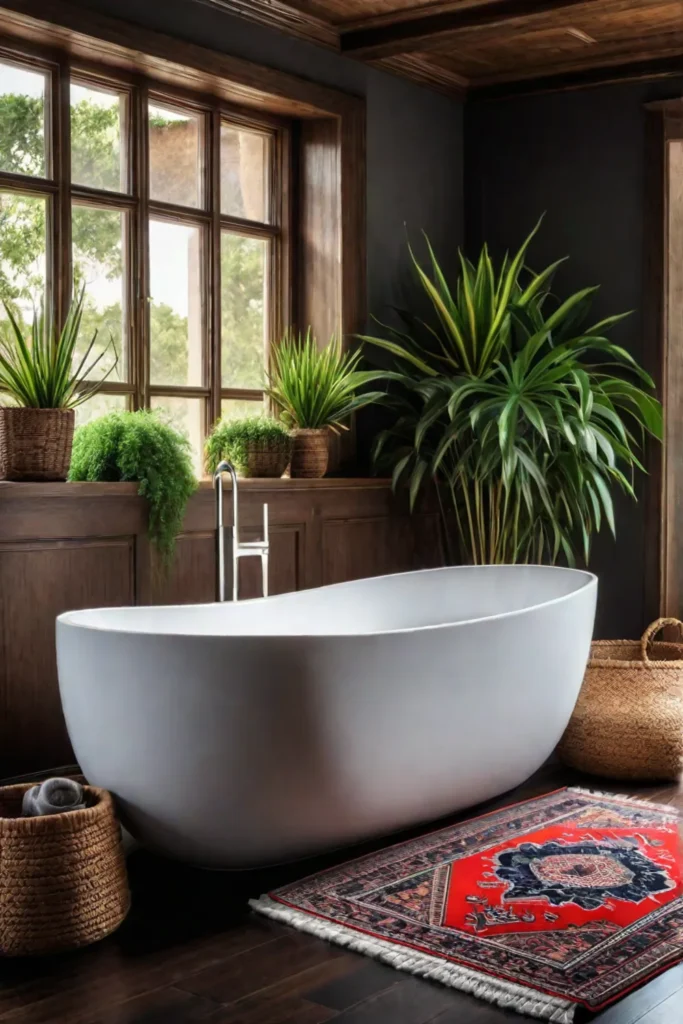 Bohemian bathroom with patterned rug